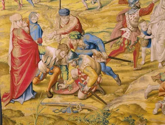 Flanderin kuvakudos. Sarja Tunisin valloitus: Tunisin valloitus. Sarjakuvapiirtäjä Jan Cornelisz Vermeyen. Studio Willem de Pannemaker, Bryssel. Noin 1545. Yksityiskohta.