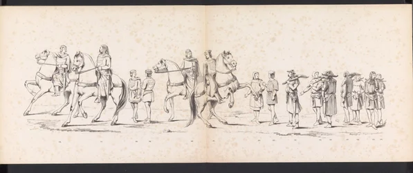 Leidenin opiskelijoiden naamiaiset, 1865 (levy 10) Leidenin opiskelijakunnan jäsenten pukukulkue 6. kesäkuuta 1865 Leidsche Hoogeschoolin 290-vuotisjuhlan kunniaksi, kuvassa: hollantilaisten b.