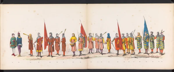 Leidenin opiskelijoiden naamiaiset, 1865 (levy 13) Leidenin opiskelijakunnan jäsenten pukukulkue 6. kesäkuuta 1865 Leidsche Hoogeschoolin 290-vuotisjuhlan kunniaksi, kuvassa: hollantilaisten b.