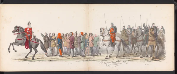Leidenin opiskelijoiden naamiaiset, 1865 (levy 15) Leidenin opiskelijakunnan jäsenten pukukulkue 6. kesäkuuta 1865 Leidsche Hoogeschoolin 290-vuotisjuhlan kunniaksi, kuvassa: hollantilaisten b.