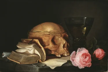 Vanitas-asetelma, jossa on pääkallo, kirja ja ruusut, n. 1630