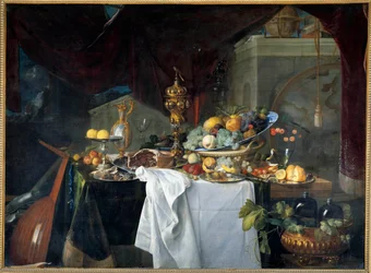 Asetelma jälkiruokapöydästä, joka on katettu astioilla ja soittimella, 1640. Jan David Heem (1606-1684). Mitat: 1,49 x 2,03 m