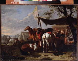 ""Group of Horsemen at Camp"" (A ratsuväen leiri) maalaus Jan Frans van Bloemen (1662-1749) 17th Century Kaukoidän taidemuseo, Habarovsk Venäjä