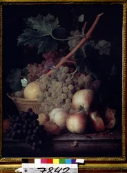 ""Hedelmät"" Persikoiden, rypäleiden, päärynöiden ja granaattiomenoiden asetelma perhosten ja ampiaisen kanssa. Jean Francois van Daelin (1764-1840) maalaus 1808 Pushkin-museo, Moskova