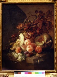 Asetelma persikoilla. Jan Frans van Sonin (1658-1718) maalaus. Öljy kankaalle, 77 x 64 cm