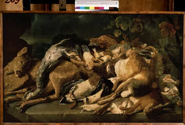 ""Asetelma riistalla"" (Asetelma) Jänis, naaras, ankat. Jan (Johannes) Fyt (1611-1661) maalaus 1640 Pushkin-museo, Moskova