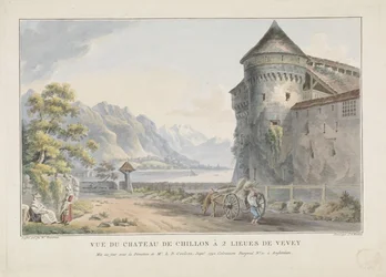 Näkymä Chillon kasteelin linnalle Vue du Chateau de Chillon à 2 lieues de Vevey (otsikko esineessä)