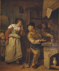 Kultaseppä sulattaa naisen koruja notaarin läsnäollessa: Alkemisti, n. 1668-70 (öljy kankaalle)