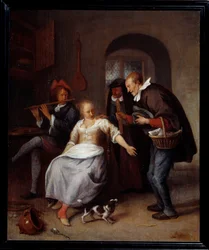 Unohteleva kauppias Leivonnaisten matkustava myyjä. Jan Steenin (1626-1679) maalaus 1678 Sun. 0,35x0,3 m Rouen, Musee des Beaux Arts