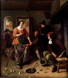Rikkoutuneet munat (majatalon sisällä). Ryhmä iloisia hahmoja hollantilaisessa keittiössä. Mies nostaa naisen hametta on maalarin omakuva. Jan Havickszoon Steenin maalaus (1625/6-1679) 1665-1670 Sun. 43x38 cm Lontoo, National Gallery - The Inte