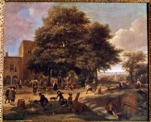 Keilailu Ryhmä talonpoikia leikkimässä ja lepäämässä maatilan pihalla. Jan Steenin (1626-1679) maalaus