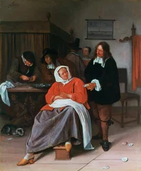 Mies tarjoaa osteria naiselle, c1660-1665
