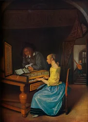 Nuori nainen soittaa cembaloa nuorelle miehelle, 1659