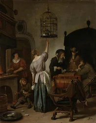 Sisäkuva, jossa nainen ruokkii papukaijaa, tunnettu nimellä "Papukaijahäkki", n. 1660-70