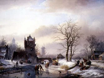 Skaters on a Frozen River (öljy kankaalle)
