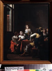 ""Les festivites"" (Iloinen tapaaminen) ratsastajien ja naisten ryhmä kokoontui iloisesti pöydän ympärille. Jan Joseph Horemans vanhemman (1682-1759) maalaus 1700-luvun Ivan Kramskoy (tai Kramskoi) taidemuseo Voronezhissa (Voronezh), Venäjä.