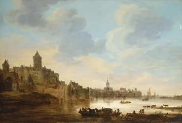 Kaupunki joen rannalla lautalla, 1648