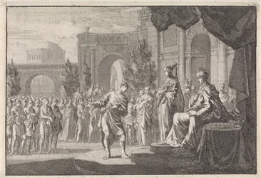 Hyrcanus Ptolemaios Philadelphuksen valtaistuimen edessä
