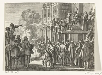 Jacob van Campen hiippa päässään mestauslavalla Amsterdamissa, 1535