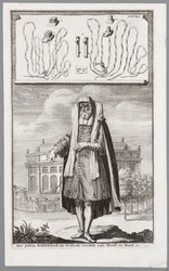 Juutalainen mies, pukeutunut rukoukseen. Taustalla Amsterdamin portugalilainen synagoga