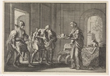 Äiti näyttää sotureille syödyn lapsensa jäänteitä Jerusalemin nälänhädän aikana vuonna 1704.
