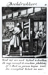 Kirjapainokone, Abraham van St. Claran ammattikirjasta "Iets voor Allen", 1736 (kaiverrus)