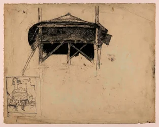 Tutkimus heinäsuovasta, alhaalla vasemmalla: Luonnos hevosesta heinäsuovan edessä.