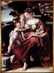 Hyväntekeväisyyden allegoria (nainen ruokkimassa useita vauvoja) Jan Metsysin (tai Massysin) maalaus (1509-1575) Koko 120x90 cm Genes, Musei di Strada Nuova (ex Palazzo Bianco)