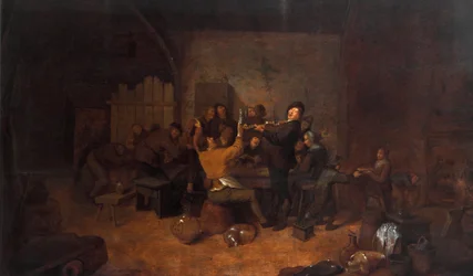Viljelijät majatalossa Iloinen hollantilainen yritys juomassa ja laulamassa tavernassa. Jan Miense Molenaerin (n. 1610-1668) maalaus 1600-luvulta Galleria degli Uffizi, Firenze, Italia
