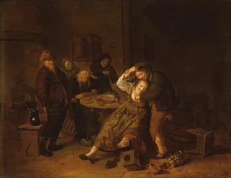 Interior de la taverna amb un Boor Carousing amb una mossa (oli sobre panell) acabat