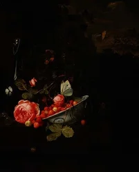 Villimansikoiden asetelma, ruusu ja lasipullo, 1690