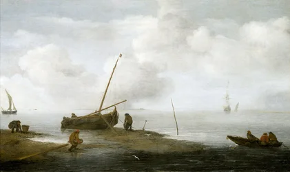 Simpukankalastus, kalastusvene rannalla ja kolme miestä keräämässä simpukoita koreihinsa. Öljy kankaalle 1622, Jan Porcellis (1580-1632).