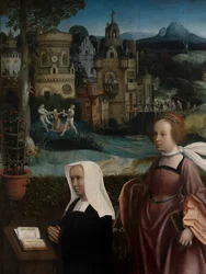 Yksityiskohta luovuttajasta Pyhän Nikolauksen kanssa ja luovuttajan vaimosta pyhän Godelivan kanssa, n. 1515-21 (öljy paneelissa)
