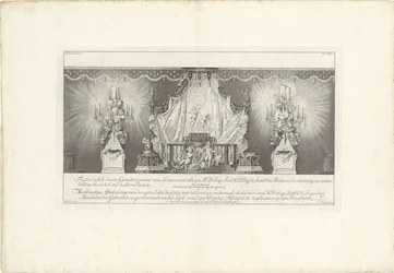 Huoneen takaosassa prinssi William IV:n majesteetti, 1751 Fond de la sale dessiné Geometriquement (...) / Meetkonstige Afteekeninge of the back Zijde der Zale with Cieraden soodanigh kuten den Hr. Delage Leuit. Col: Ingen.r ja intendantti