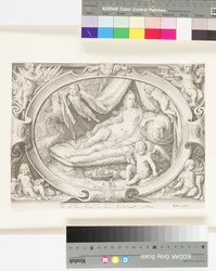 Venus sohvalla, kun Eros täyttää nuolinsa nuolilla (kaiverrus)