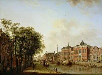 Houtgracht, nykyinen Jonas Daniël Meijerplein, Amsterdam, sekä aškenasijuutalaiset synagogat, arsenaali, portugalilainen synagoga ja purjeproomut