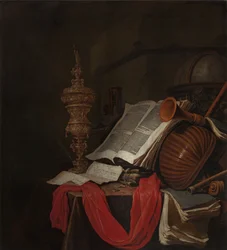 Asetelma soittimien ja kirjojen kanssa Vanitas