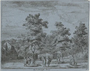 Käveleviä hahmoja puiden reunustamalla kadulla Menniste Bosiessa (otsikko esineessä) Haarlemin alueen maisemat (sarjan nimi) Gesigten Buijten Haarlem (sarjan nimi)