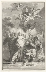 Allegorinen otsikkosivu kirjailija Edward Simsonin muotokuvalla Nimisivu: Edward Simson, Chronicon historiam catholicam complectens, 1729