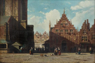 Auringonpaistettu näkymä Grote Markt -aukiolle St. Bavon kirkolla ja Vleeshal, Haarlem (öljy paneelissa)