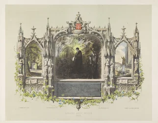 Laurens Costerin muistolaatta patsaan paljastuksen yhteydessä 1856 Haarlemissa Laurens Jansz. Coster 1423 (otsikko esineessä)