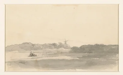 Morsian vaatimattomastiMeadow-maisema, jossa sadonkorjuumies ja tuulimylly peittää kasvonsa sarillaan, n. 1880 (kynä, tussi ja akvarelli paperilla)