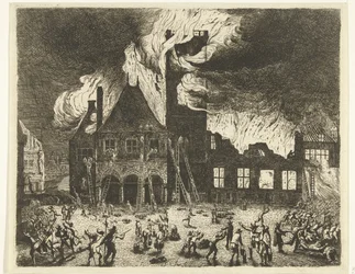Tuli Amsterdamin vanhassa kaupungintalossa, 1652 Kuvaus vanhoista Stadthuysista, jotka poltettiin Amsterdamiin 7. heinäkuuta 1652