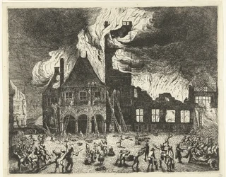 Tuli Amsterdamin vanhassa kaupungintalossa, 1652 Kuvaus vanhoista Stadthuysista, jotka poltettiin Amsterdamiin 7. heinäkuuta 1652