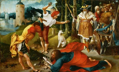 Le martyr de saint Mathias - Pyhän Mattiaan marttyyrikuolema, kirjoittanut De Beer, Jan (noin 1475-1528). Öljy puulle, n. 1510-1515. Mitat: 25,4x41,5 cm. Taidehistoriallinen museo, Vienne