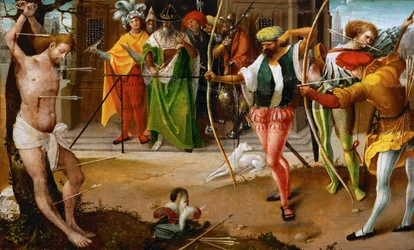 Pyhän Sebastianin marttyyrikuolema - Jan De Beer (noin 1475-1528). Öljy puulle, c. 1510. Mitat : 25,5x41,5 cm. Taidehistoriallinen museo, Vienne