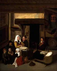 Perheen sisustus navetassa (öljy paneelissa)