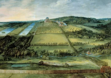 Maisema Chateau Mariemont Chateau nyt detruit sijaitsee lähellä Brysseliä. Maalaus Jan Brueghel Vanhin (tai nivus tai vanha), nimeltään Brueghel de Velours (1568-1625)