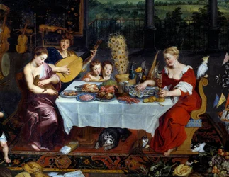 Maku. Yksityiskohta, joka edustaa mereneläviä, siipikarjaa muusikoiden läsnäollessa. Jan Brueghelin maalaus Le Vieux kutsuu Brueghel de Veloursia (Brueghel tai Brueghel