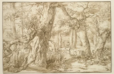 Forest Interior with Draftsman, n. 1664 (ruskea muste antiikkipaperilla)